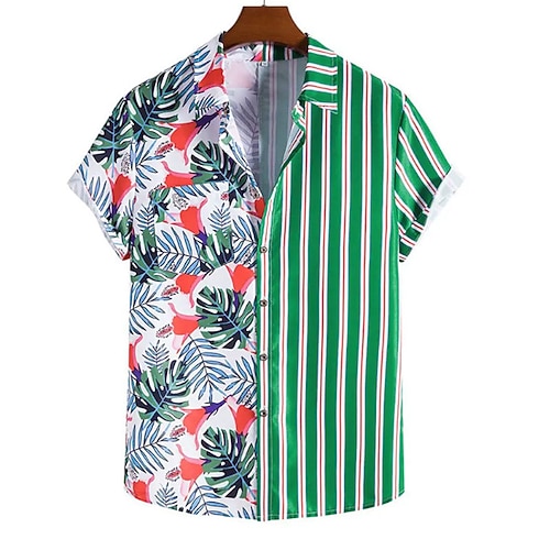 

Men's Shirt 3D Print Striped Leaves Turndown Street Casual Button-Down Print Short Sleeves Tops Designer Casual Vintage Retro Green / Summer