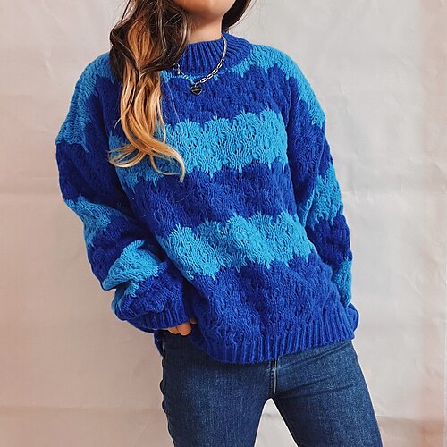 

Women's Pullover Sweater Jumper Chunky Knit Tunic Knitted Striped Crew Neck Stylish Casual Home Daily Fall Winter White Blue S M L / Long Sleeve