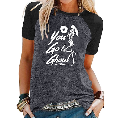

Women's T shirt Tee Graphic Skull Letter Halloween Casual Daily T shirt Tee Short Sleeve Print Round Neck Basic Green Blue Light gray S