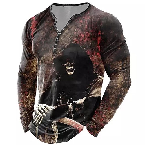 

Men's T shirt Tee Henley Shirt Tee Graphic Skull Henley Coffee 3D Print Plus Size Outdoor Daily Long Sleeve Button-Down Print Clothing Apparel Basic Designer Classic Comfortable / Sports