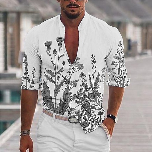 

Men's Shirt Floral Stand Collar White Long Sleeve 3D Print Outdoor Casual Button-Down Print Tops Fashion Designer Casual Comfortable / Sports