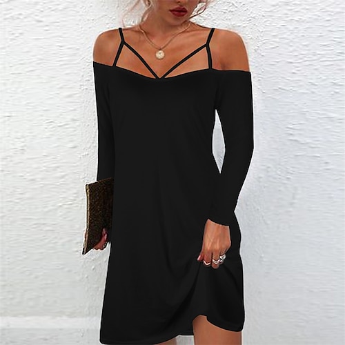 

Women's A Line Dress Casual Dress Short Mini Dress White Black Gray Long Sleeve Pure Color Backless Cold Shoulder Fall Winter Spaghetti Strap Casual Loose 2022 S M L XL XXL