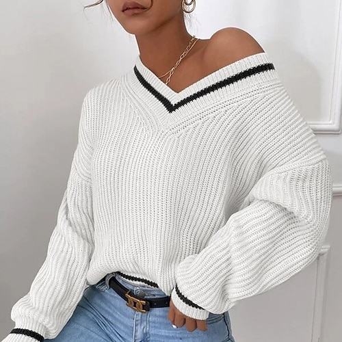 

Women's Pullover Sweater jumper Jumper Ribbed Knit Patchwork Knitted Color Block V Neck Stylish Casual Outdoor Daily Winter Fall Green Beige S M L / Long Sleeve / Holiday / Going out / Loose Fit