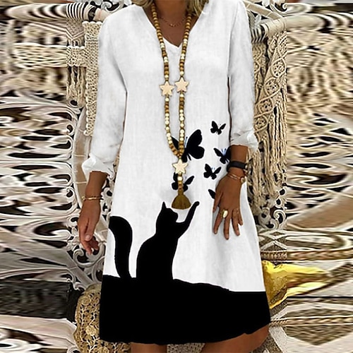 

Women's Casual Dress A Line Dress Knee Length Dress White Long Sleeve Cat Butterfly Animal Print Fall Winter V Neck Basic Casual Loose 2022 S M L XL XXL 3XL / Cotton