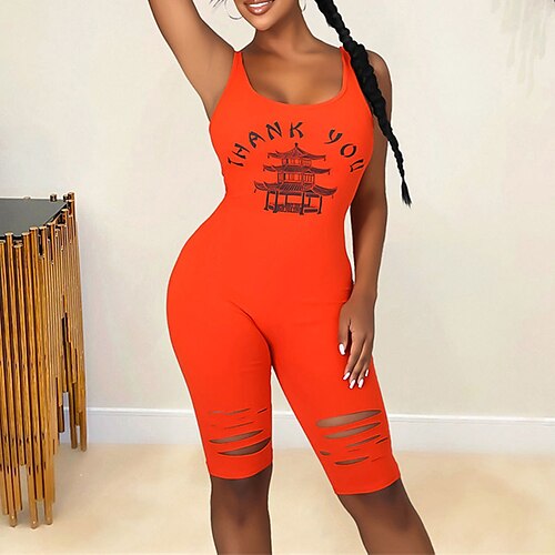 

Women's Romper Ripped Print Print Square Neck Active Sport Daily Regular Fit Sleeveless Black Blue Orange S M L Spring