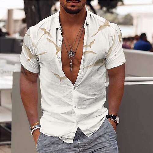 

Men's Shirt Animal Crane Turndown Beige Short Sleeves 3D Print Outdoor Street Button-Down Print Tops Fashion Designer Casual Breathable / Summer / Spring / Summer