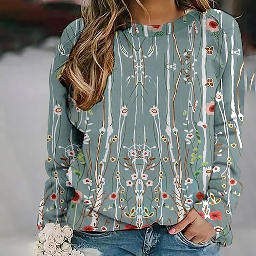 

Women's Plus Size Tops Pullover Sweatshirt Floral Print Long Sleeve Crewneck Streetwear Daily Vacation Polyester Fall Winter White Blue