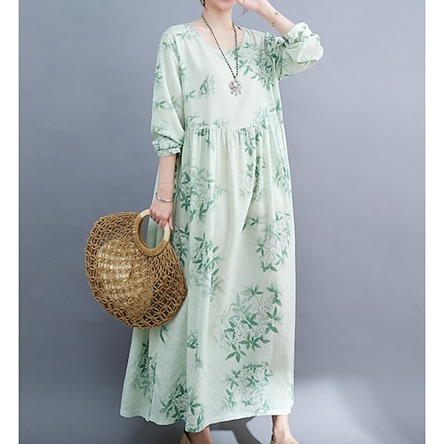 

Women's Swing Dress Maxi long Dress Yellow Light Green Khaki Orange Brown Long Sleeve Floral Print Fall Winter Crew Neck Elegant Loose 2022 M L XL XXL