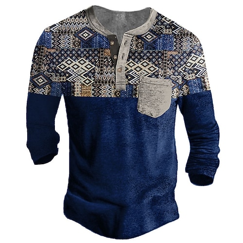 

Men's T shirt Tee Henley Shirt Tee Graphic Color Block Henley Blue Long Sleeve 3D Print Plus Size Outdoor Daily Button-Down Print Tops Basic Designer Casual Big and Tall / Sports