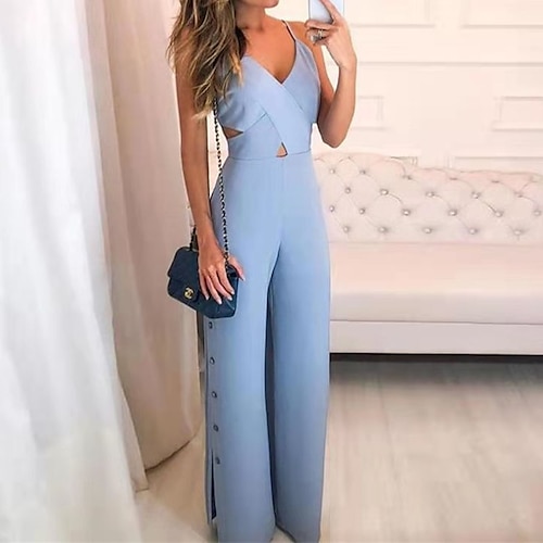 

Women's Jumpsuit Backless Cut Out Solid Color V Neck Casual Street Daily Regular Fit Sleeveless Light Blue S M L Spring