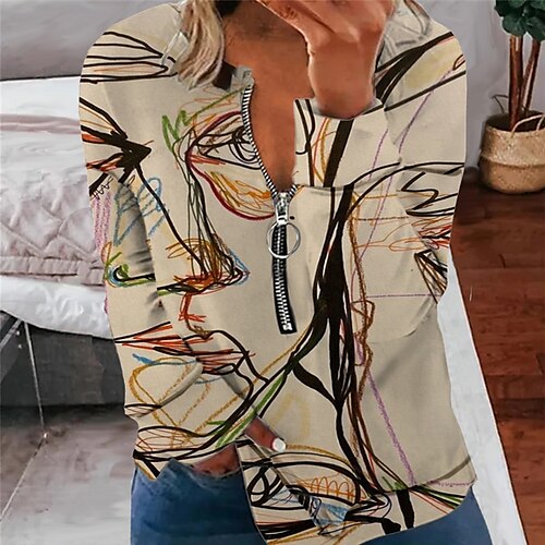 

Women's Plus Size Tops Pullover Sweatshirt Abstract Zipper Print Long Sleeve Round Neck Streetwear Daily Vacation Polyester Fall Winter Yellow khaki