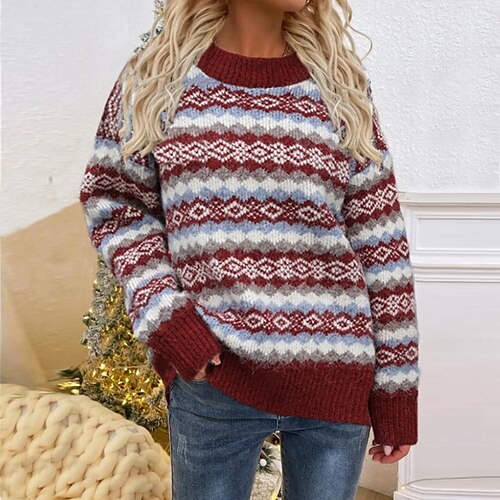 

Women's Pullover Sweater Jumper Crochet Knit Knitted Print Floral Crew Neck Vintage Style Daily Outdoor Fall Winter Black Dusty Blue S M L / Long Sleeve / Regular Fit