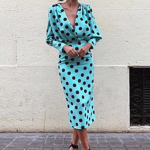 

Women's Sheath Dress PolkaDotDress Midi Dress Blue Long Sleeve Polka Dot Print Fall Winter V Neck Elegant Fashion 2022 S M L XL XXL 3XL