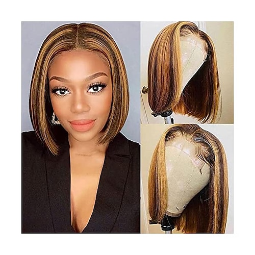 

Highlight Ombre 13X4X1 Lace Front Wig Straight Human Hair Bob Short Wigs 4/27 Color Brazilian Remy Straight T Part Wig For Women