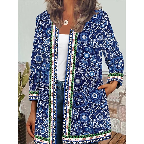 

Women's Casual Jacket Breathable Daily Wear Vacation with Pockets Open Front Crewneck Street Style Floral Regular Fit Outerwear Long Sleeve Winter Fall Blue S M L XL XXL 3XL