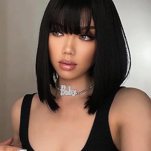 

Short Bob Wigs For Black Women Natural Black Brazilian Straight Human hair Wigs With Bangs Full Machine Made Glueless Fringe Wig