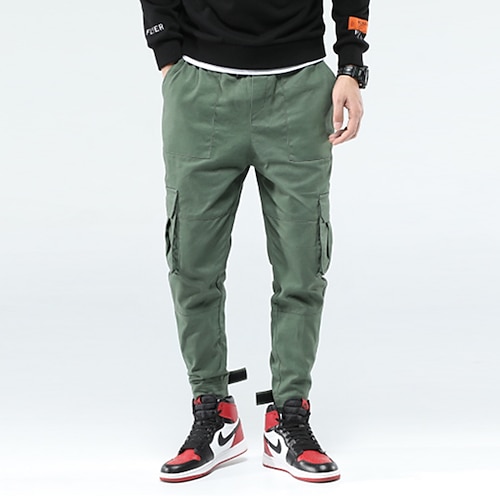 

Men's Cargo Pants Trousers Elastic Waist Multi Pocket Solid Color Full Length Daily Casual Green Black Inelastic