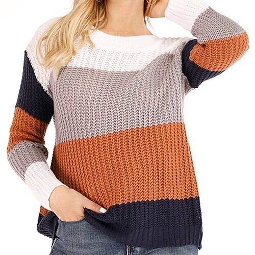 

Women's Pullover Sweater Jumper Ribbed Knit Knitted Striped Crew Neck Stylish Casual Home Going out Fall Winter Green Blue S M L / Long Sleeve