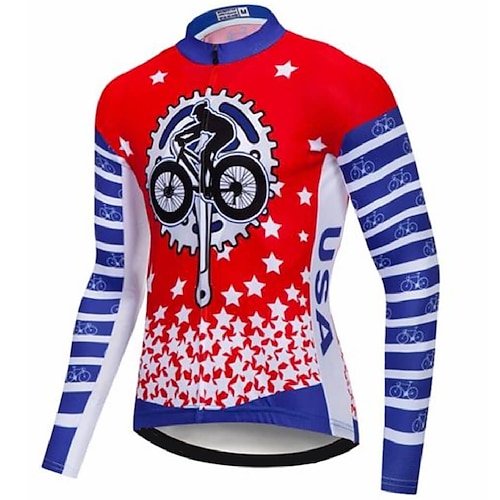 

21Grams Men's Cycling Jersey Long Sleeve Bike Top with 3 Rear Pockets Mountain Bike MTB Road Bike Cycling Breathable Quick Dry Moisture Wicking Reflective Strips Red Stripes Stars Gear Polyester