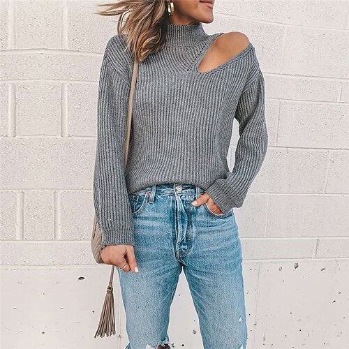 

Women's Pullover Jumper Crochet Knit Knitted Cold Shoulder Solid Color Turtleneck Stylish Casual Daily Date Fall Winter Gray S M L / Long Sleeve