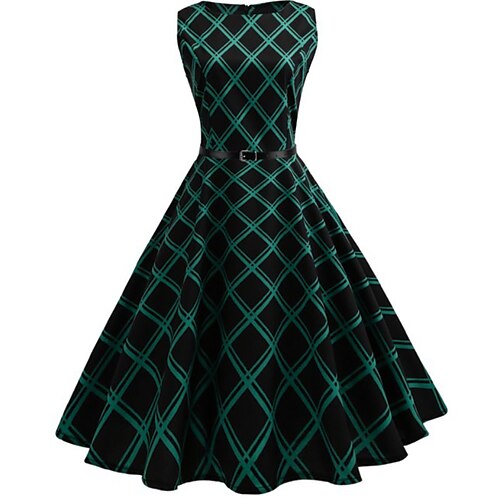 

Damen Vintage-Kleid Schaukelkleid Kariertes Kleid Midikleid Dunkelgrün Ärmellos Geometrisch mit Schnürung Sommer Frühling Rundhalsausschnitt Vintage Sommerkleid 2023 S M L XL XXL