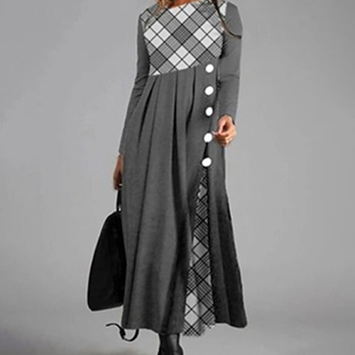 

Women's A Line Dress Casual Dress Midi Dress Blue Gray Dark Gray Long Sleeve Striped Plaid Print Fall Winter Crew Neck Casual Mature 2022 S M L XL XXL