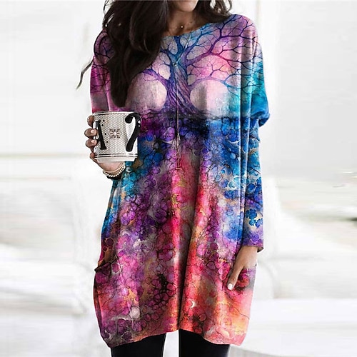 

Women's Casual Dress Shift Dress Blue Purple Rainbow Long Sleeve Floral Pocket Winter Fall Autumn Crew Neck Winter Dress Fall Dress Loose Fit 2022 S M L XL XXL 3XL