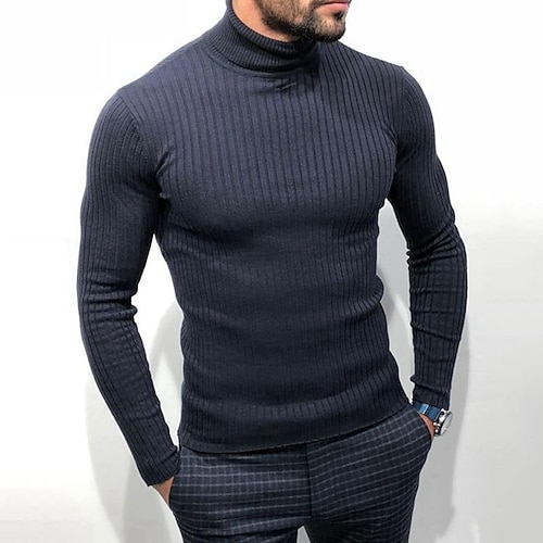 

Men's Sweater Pullover Sweater Jumper Ribbed Knit Knitted Pure Color Stand Collar Basic Stylish Daily Holiday Clothing Apparel Winter Fall Navy Blue S M L