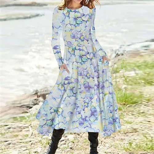 

Women's A Line Dress Midi Dress Green Blue Beige Long Sleeve Floral Pocket Print Fall Winter Round Neck Casual Vacation 2022 S M L XL XXL 3XL