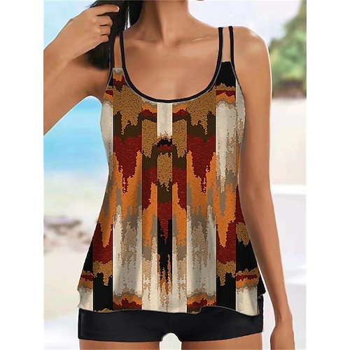 

Women's Swimwear Tankini 2 Piece Normal Swimsuit Printing Geometric Brown Camisole Strap Bathing Suits Sports Vacation Fashion / Sexy / Modern / New