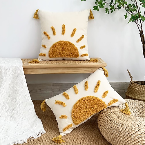 

Throw Pillow Cover Tufted Farmhouse Sun Square Quality Pillow Case for Bedroom Livingroom Cushion Cover