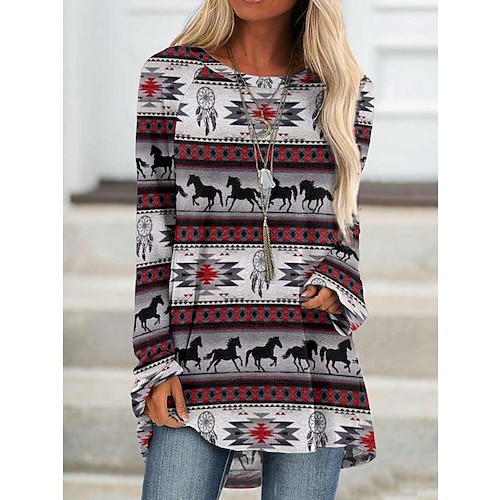 

Women's T shirt Tee Gray Graphic Geometric Print Long Sleeve Daily Weekend Basic Ethnic Round Neck Long Painting S / 3D Print