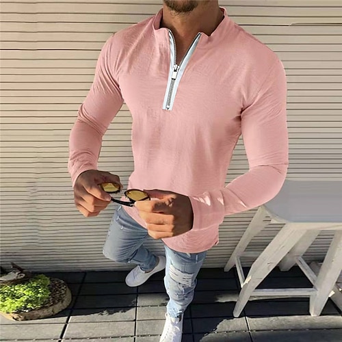 

Men's Collar Polo Shirt T shirt Tee Henley Shirt Solid Color Henley Pink White Casual Daily Long Sleeve Zipper Clothing Apparel Fashion Lightweight Muscle Big and Tall