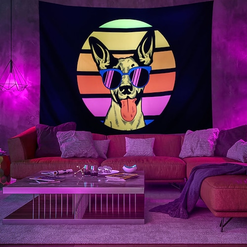 

Blacklight UV Reactive Tapestry Cool Dog Decoration Cloth Curtain Picnic Table Cloth Hanging Home Bedroom Living Room Dormitory Decoration Polyester