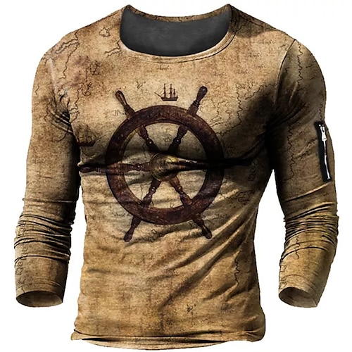 

Men's Unisex T shirt Tee Graphic Prints Rudder Crew Neck Brown Long Sleeve 3D Print Outdoor Street Print Tops Basic Sports Designer Casual