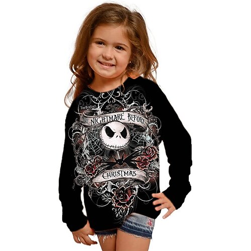 

The Nightmare Before Christmas Kids Girls' Ugly Christmas T shirt Skull Outdoor 3D Print Long Sleeve Active 3-12 Years Winter Blue Red Beige