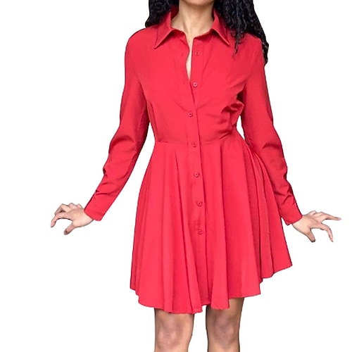 

Women's A Line Dress Short Mini Dress Black Blue Orange Red Long Sleeve Pure Color Ruched Fall Winter Shirt Collar Stylish Modern 2022 S M L XL XXL
