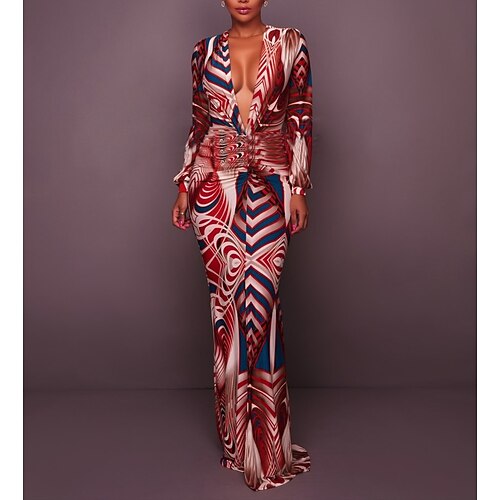 

Women's Sheath Dress Party Dress Maxi long Dress Yellow Red Long Sleeve Print Print Fall Winter Deep V Stylish Fashion Modern 2022 S M L XL XXL 3XL / Summer