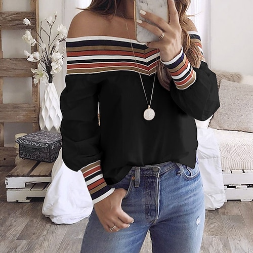 

Women's Blouse Color Block Daily Weekend Blouse Shirt Long Sleeve Patchwork Cold Shoulder Casual Streetwear White Black S