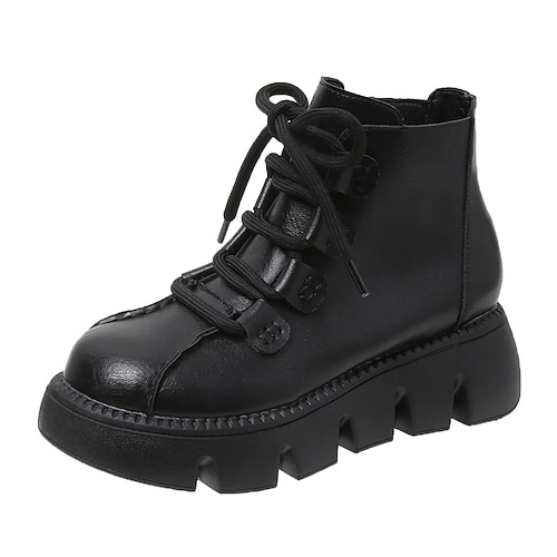 

Women's Boots Daily Combat Boots Booties Ankle Boots Flat Heel Round Toe Vintage Casual Walking Shoes Leather Lace-up Solid Colored Black Khaki Brown