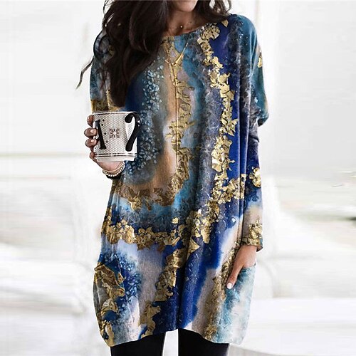 

Women's Shift Dress Short Mini Dress Blue Royal Blue Light Blue Long Sleeve Color Gradient Pocket Print Fall Winter Crew Neck Casual Vacation 2022 S M L XL XXL 3XL