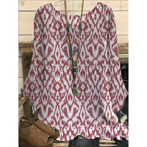 

Women's Plus Size Tops Blouse Shirt Graphic Geometry Print Long Sleeve Round Neck Vintage Streetwear Daily Going out Polyester Fall Winter Green Blue
