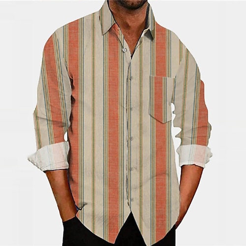 

Men's Shirt 3D Print Striped Leaves Turndown Street Casual Button-Down Print Long Sleeve Tops Casual Fashion Breathable Orange