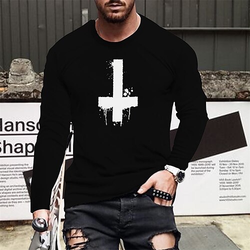 

Men's T shirt Tee Hot Stamping Graphic Patterned Cross Crew Neck Street Daily Print Long Sleeve Tops Designer Casual Fashion Comfortable Black