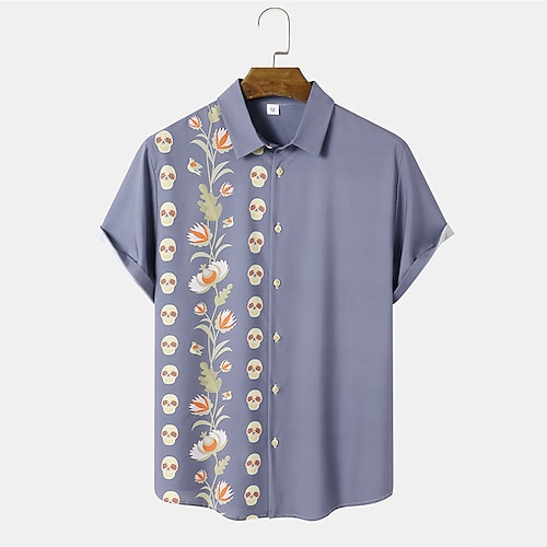 

Men's Shirt 3D Print Floral Skull Turndown Halloween Street Button-Down Print Short Sleeves Tops Designer Casual Fashion Breathable Blue / Summer