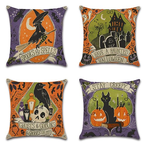 

Halloween Party Double Side Cushion Cover 4PC Soft Decorative Square Throw Pillow Cover Cushion Case Pillowcase for Bedroom Livingroom Superior Quality Machine Washable Indoor Cushion for Sofa Couch Bed Chair Boo Pumpkin Skull