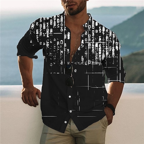 

Men's Shirt Letter Stand Collar Black 3D Print Outdoor Casual Long Sleeve Button-Down Print Clothing Apparel Fashion Designer Casual Comfortable / Sports