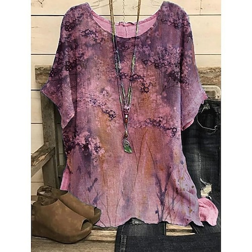 

blusa de manga corta de algodón y lino con estampado floral y cuello redondo