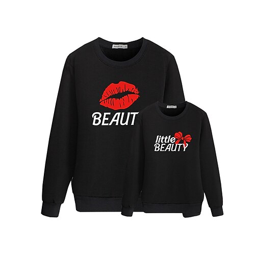 

Mommy and Me Tops Butterfly Letter Daily Print Black Long Sleeve Basic Matching Outfits