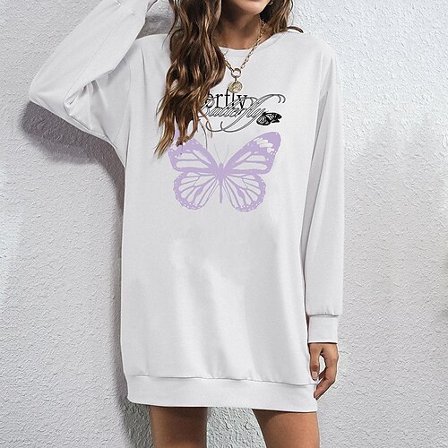 

Women's Hoodie Dress Streetwear Long Print White Butterfly Text Daily Crew Neck Long Sleeve S M L XL XXL